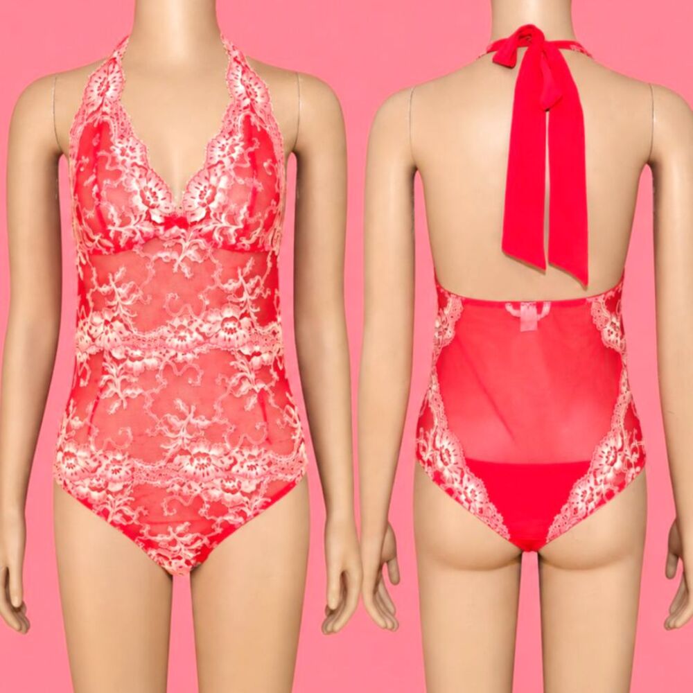 Victoriaโs Secret Red Lace Halter Bodysuit Size Medium